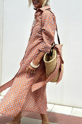 Slit Printed Collared Neck Three-Quarter Sleeve Midi Shirt Dress OutfitFlow